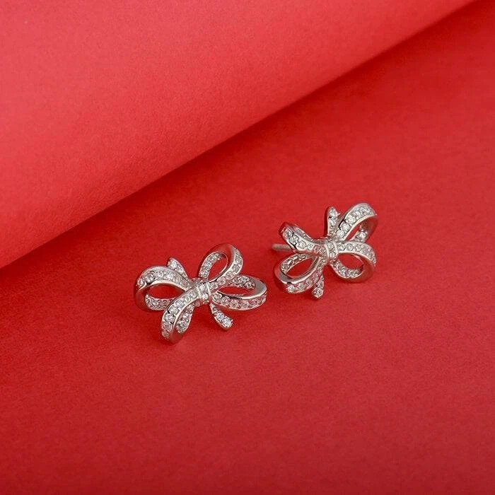 Diamond Floral Knot Shaped Design Earrings In 14K White Gold Plated For Women\'s