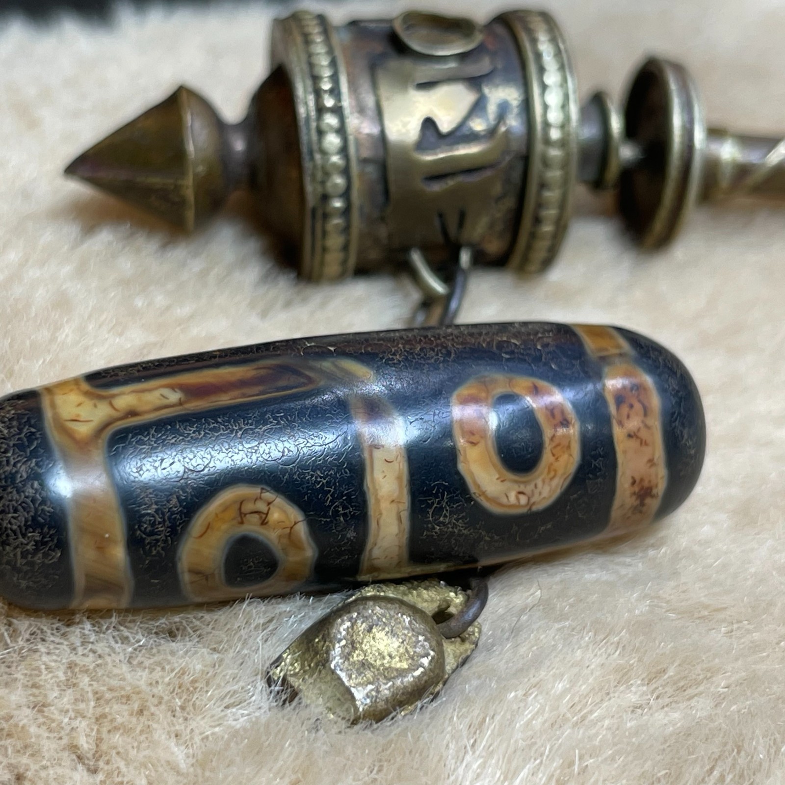Ancient Tibetan 4 Eyed Dzi Bead Old Agate Amulet Pendant 12×36mm #6376