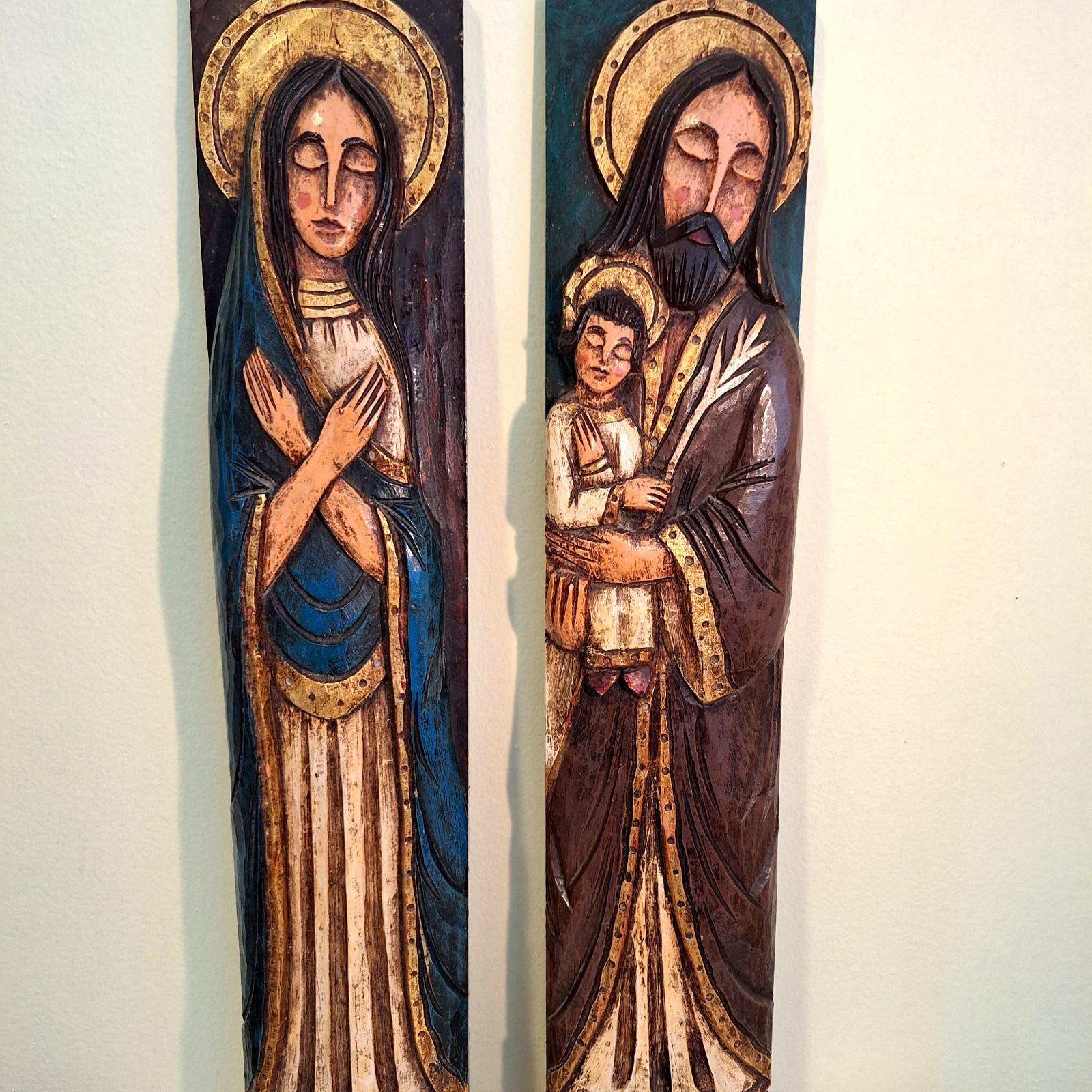 Holy Family MCM Spanish Hand Carved Sculpted VTG Wall Hanging Set Joseph, Mary Holy Family MCM Spanish Hand Carved Sculpted VTG Wall Hanging Set Joseph, Mary