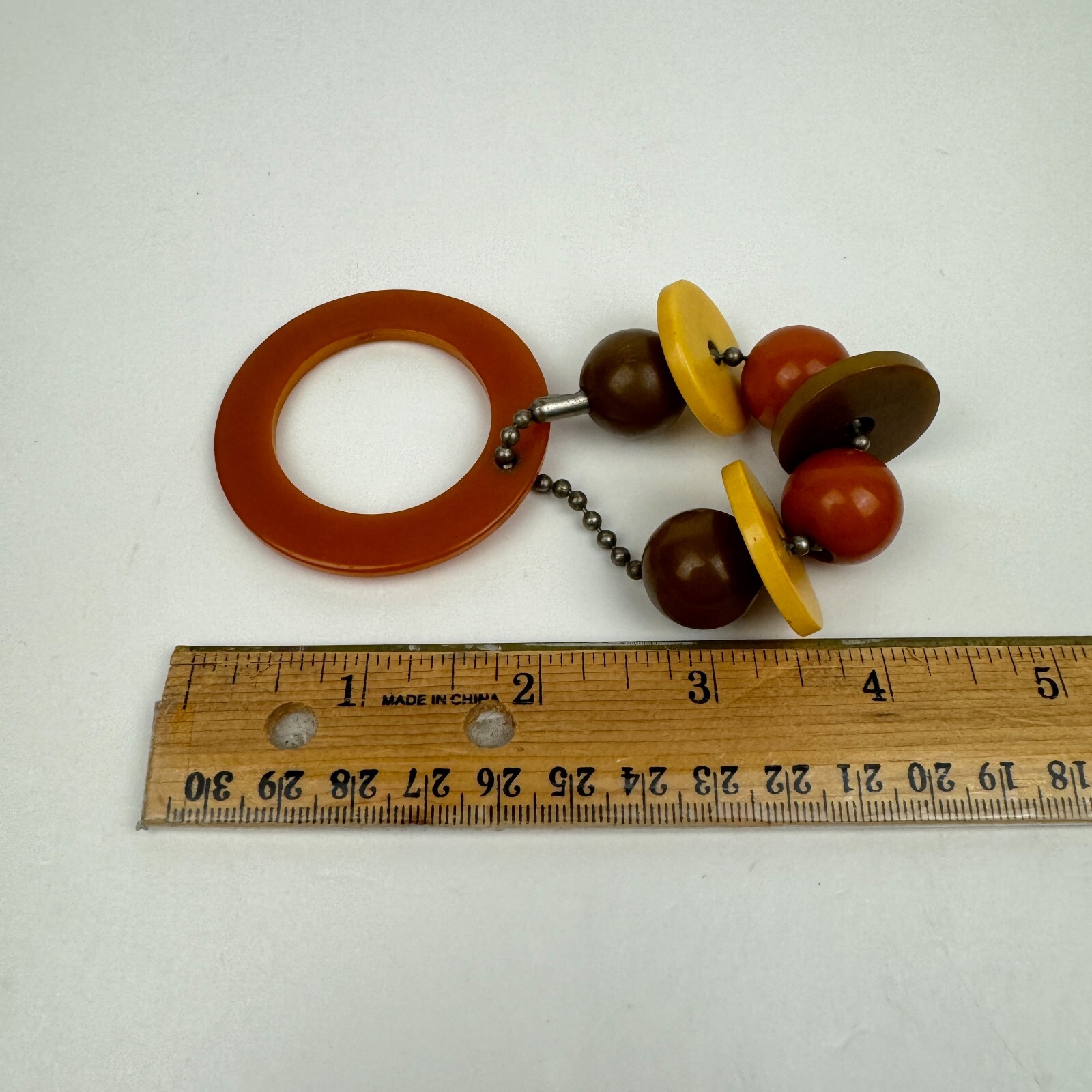 Vtg Antique 1930s Bakelite Plastic Baby Teething Ring Toy Orange Yellow Brown