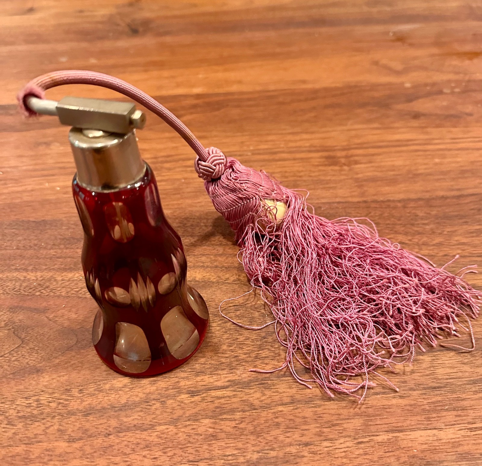 1920s Art Deco Bohemian Ruby Glass Cut to Clear Atomizer Perfume Bottle