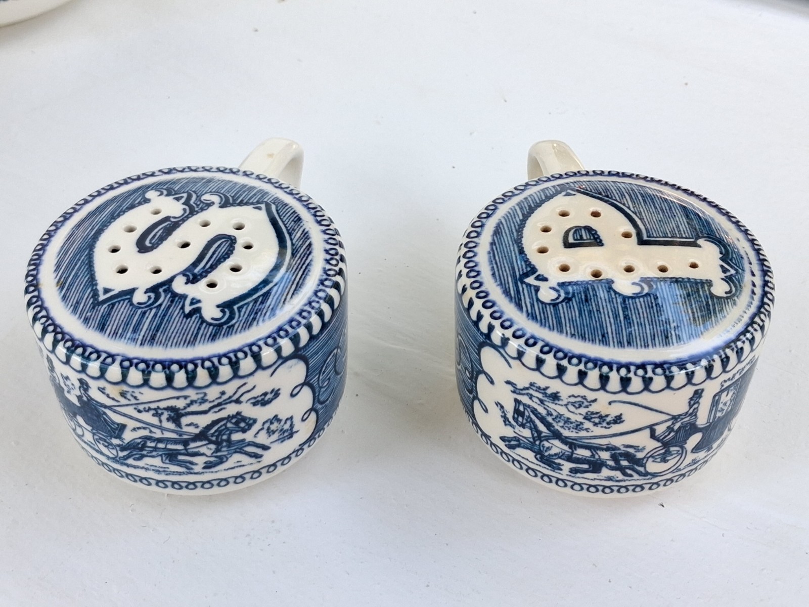  Royal China Currier Ives  Blue White Salt and Pepper Shakers