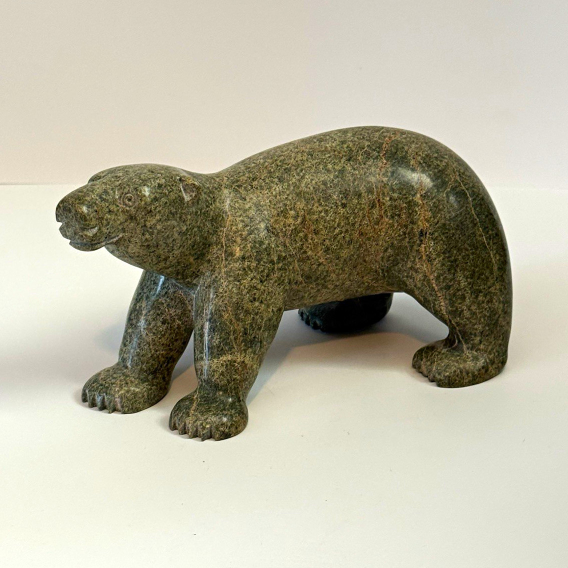 Vintage Inuit Polar Bear Carving Green Serpentine Stone Canadian Art 8.5”