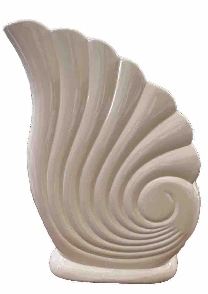 Vintage Seashell Vase Cornucopia 15” Mid Century Modern Pottery Vase Pearl White