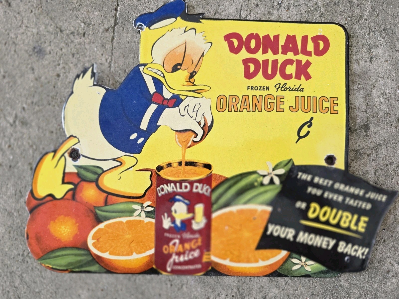 1950'S VINTAGE DONALD DUCK ORANGE JUICE PORCELAIN SIGN 12 1950'S VINTAGE DONALD DUCK ORANGE JUICE PORCELAIN SIGN 12