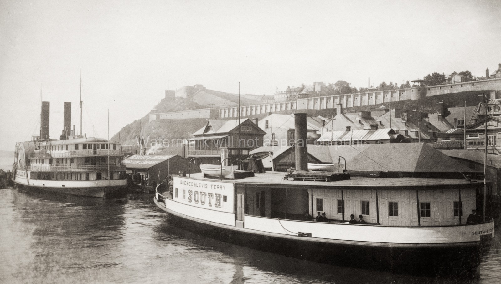Quebec City Harbour Citadel Ferry Steamboats Waterfront Vtg. Photo 19thC.