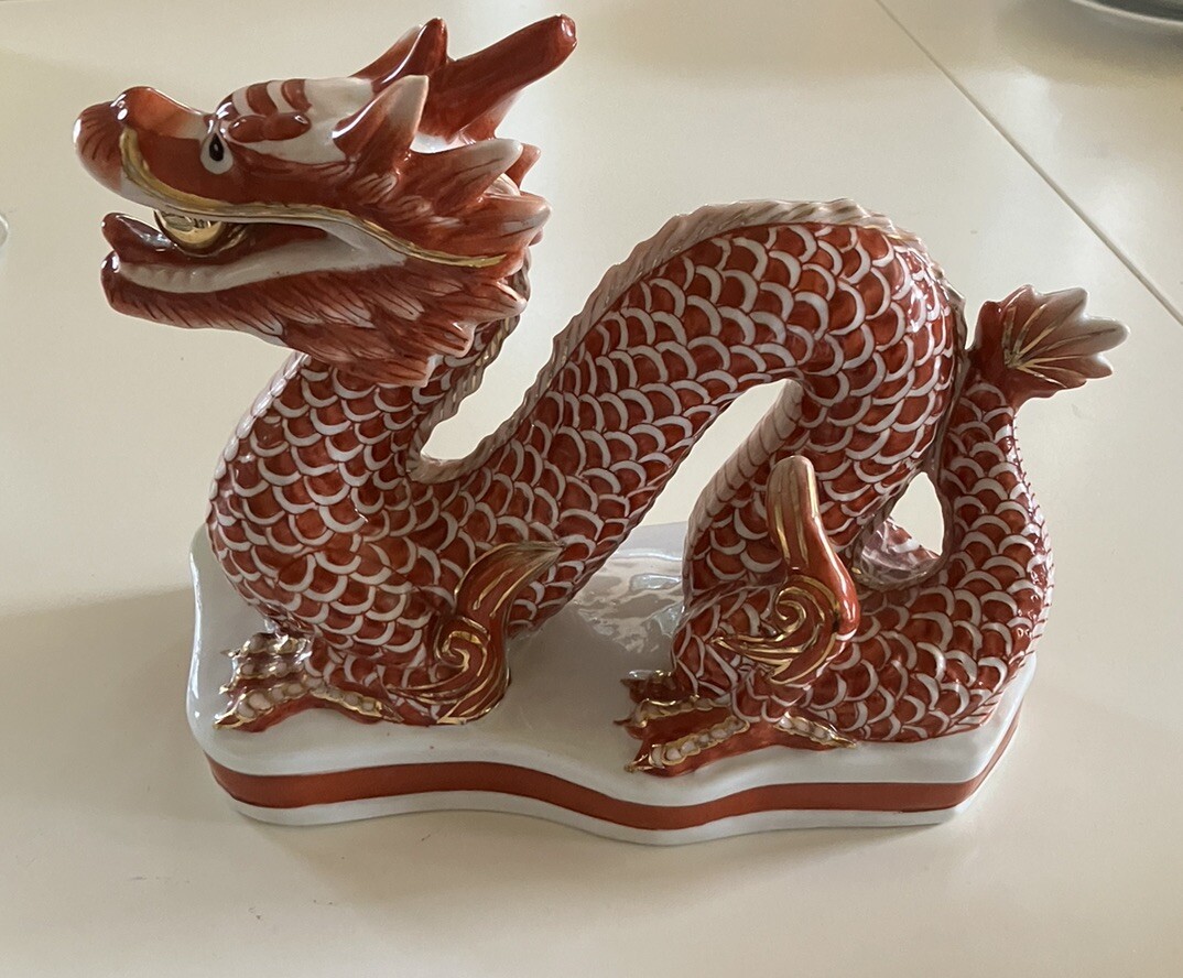 GUMPS SF Vtg Porcelain Dragon Figurine Red Gold Ball In Mouth 9 x 7 x 4 In MINT