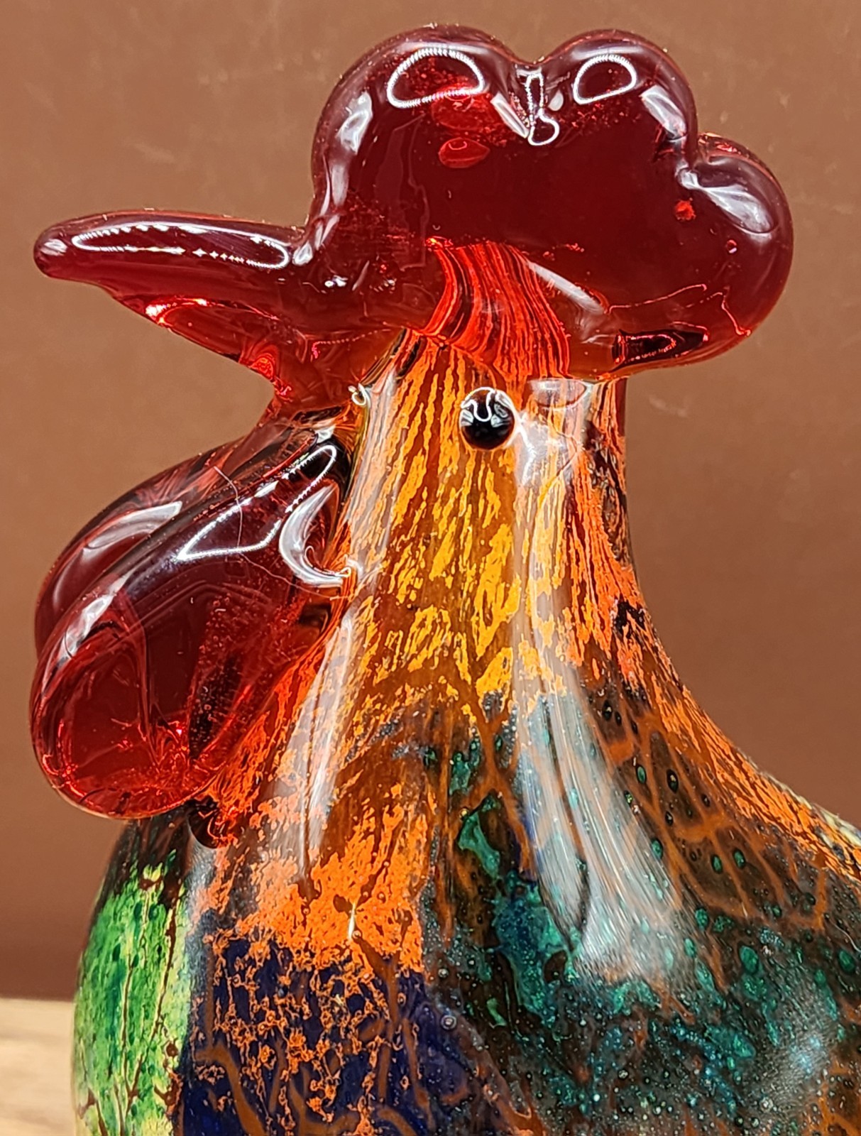 Vintage Hand Blown Art Glass Rooster Figurine Gold Crackle Orange Blue Green...