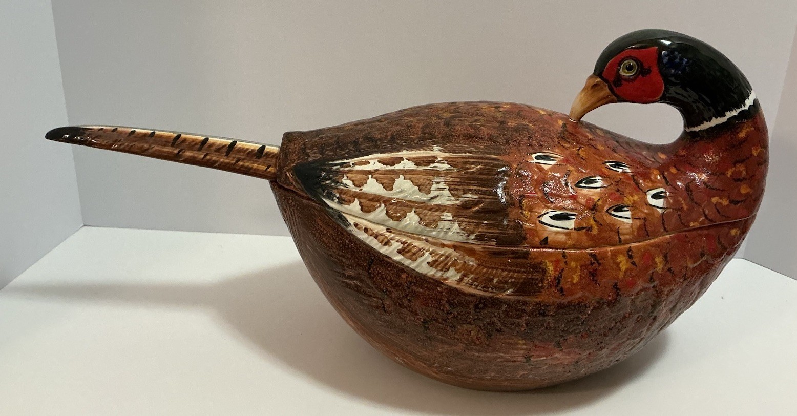 VINTAGE MEISELMAN IMPORTS PHEASANT SOUP TUREEN W/ LADLE POTTERY ITALY MANCER VINTAGE MEISELMAN IMPORTS PHEASANT SOUP TUREEN W/ LADLE POTTERY ITALY MANCER