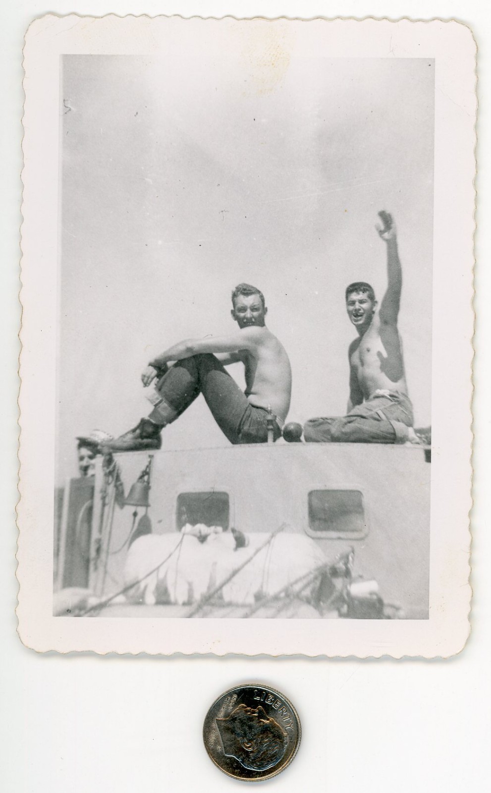 Old 1940s photo / WWII BEEFCAKE Sailors Shirtless on Ship - Sunder Here Navy Man