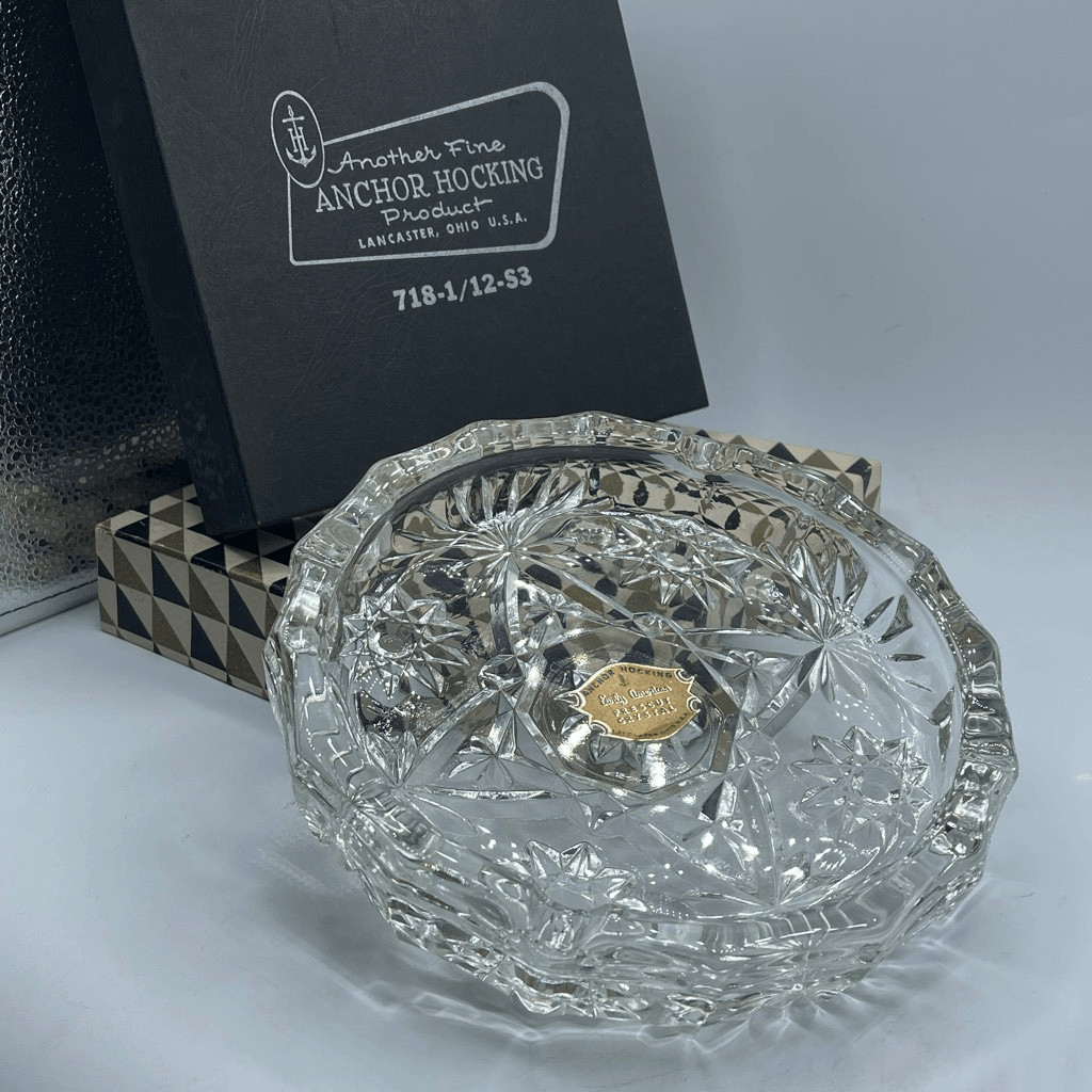 Anchor Hocking Early American Prescott Crystal Ashtray. In original box.