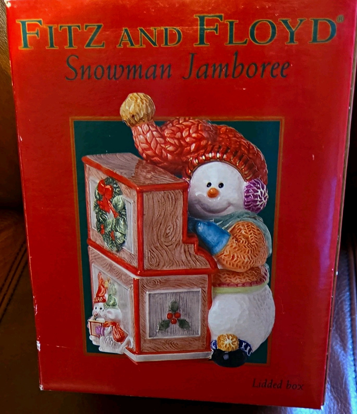 Fitz and Floyd Snowman Jamboree Christmas Ceramic Lidded Box Red White open box Fitz and Floyd Snowman Jamboree Christmas Ceramic Lidded Box Red White open box
