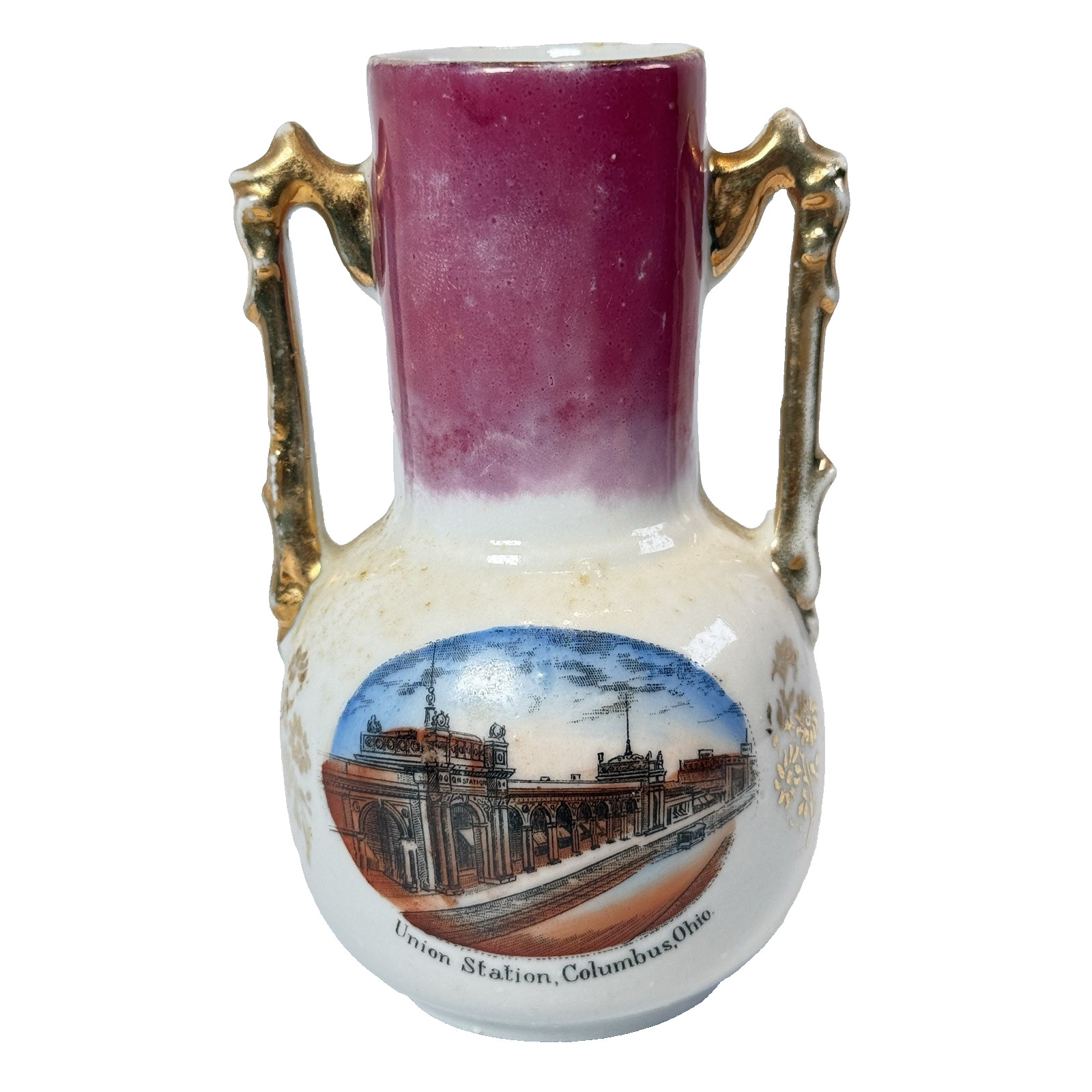 COLUMBUS OHIO OH Antique Souvenir UNION STATION Porcelain Painted China Vase COLUMBUS OHIO OH Antique Souvenir UNION STATION Porcelain Painted China Vase