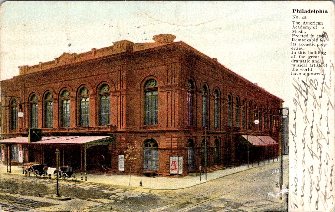 American Academy of Music Philadelphia Postcard 1909 Concert Note Fall River MA American Academy of Music Philadelphia Postcard 1909 Concert Note Fall River MA