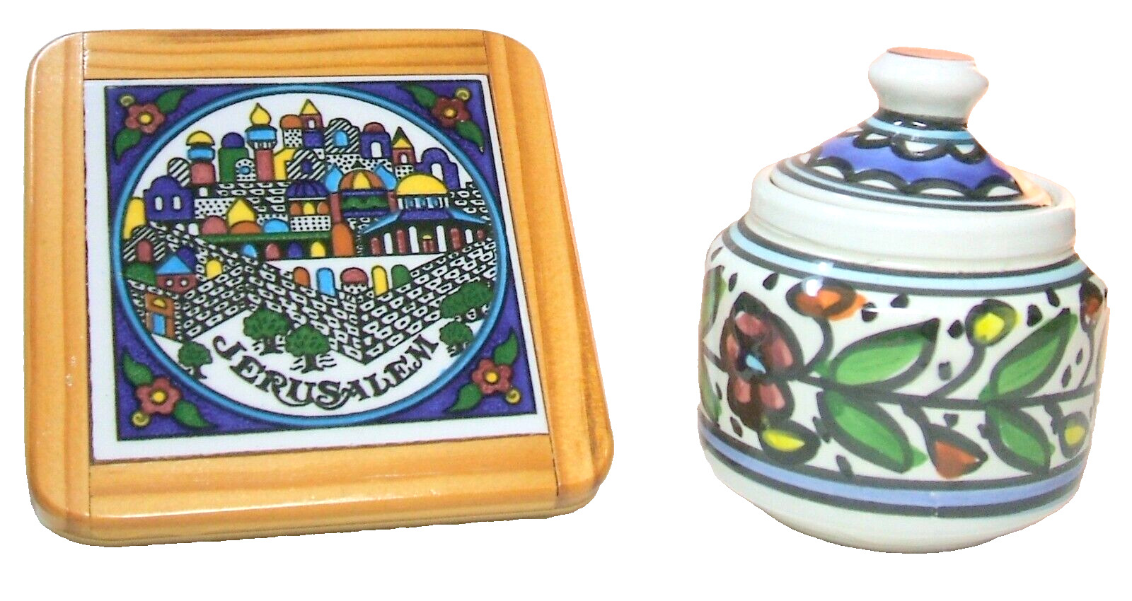 Vintage Armenian Framed Tile and small Trinket Pot with Lid