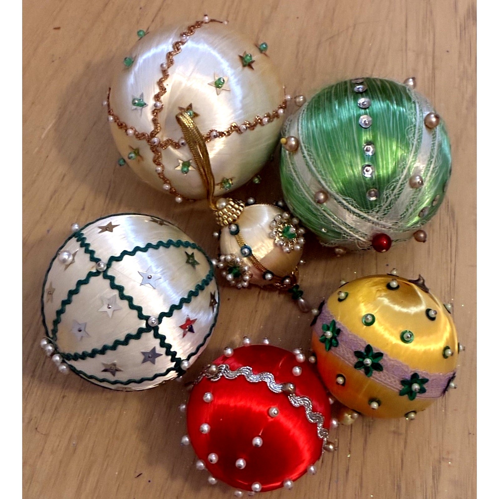 6 VTG handmade push pin christmas ornaments satin wrapped beaded Bling 60s 70s