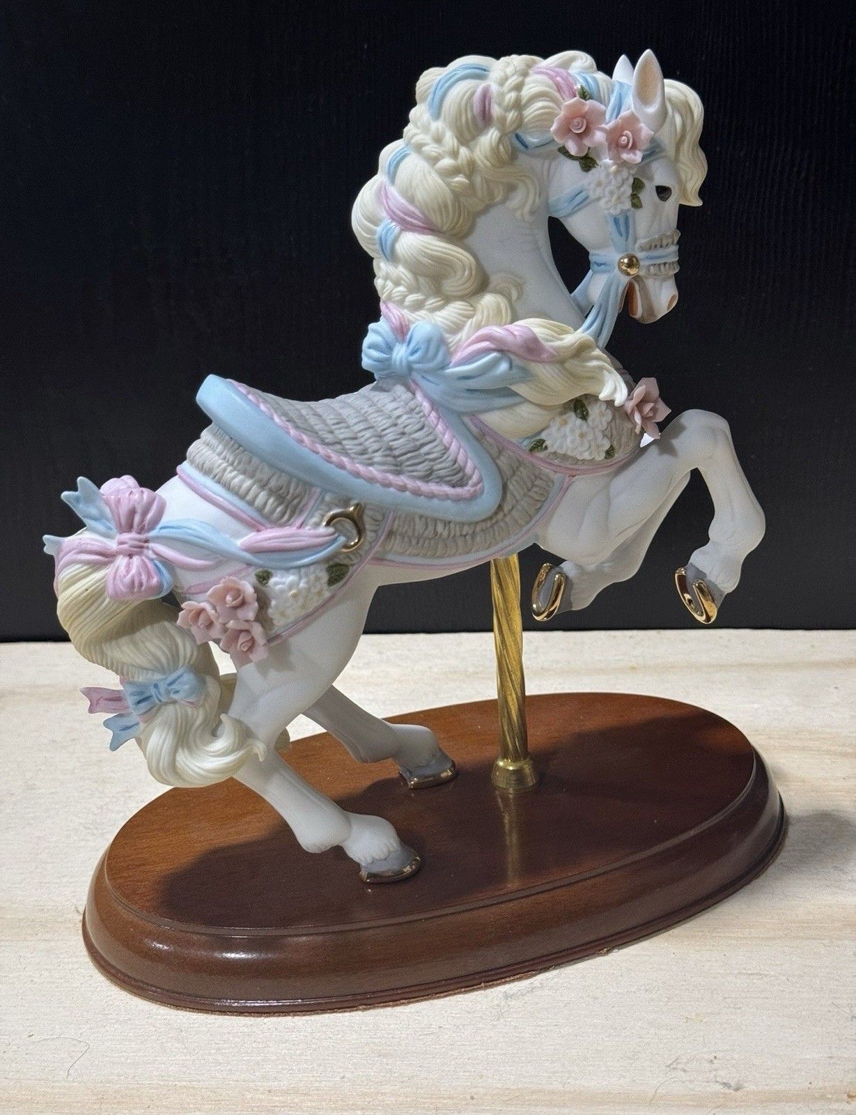 Lenox Porcelain 8” Carousel Horse 1987 1st Series ribbons & bows wood base W/BOX Lenox Porcelain 8” Carousel Horse 1987 1st Series ribbons & bows wood base W/BOX