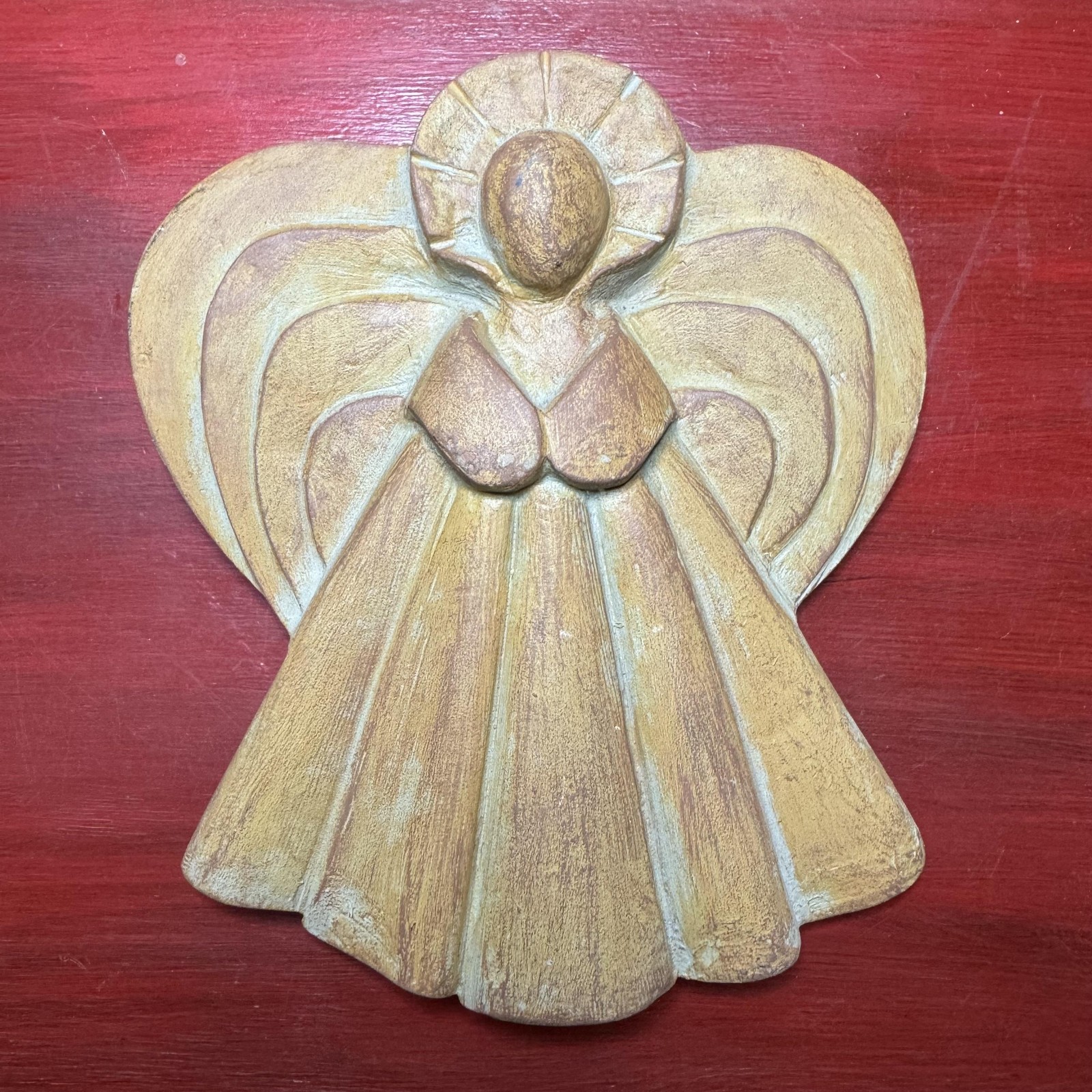 Vintage Angel Wall Hanging Plaque Folk Art Relief Figurine Rustic Gold Decor