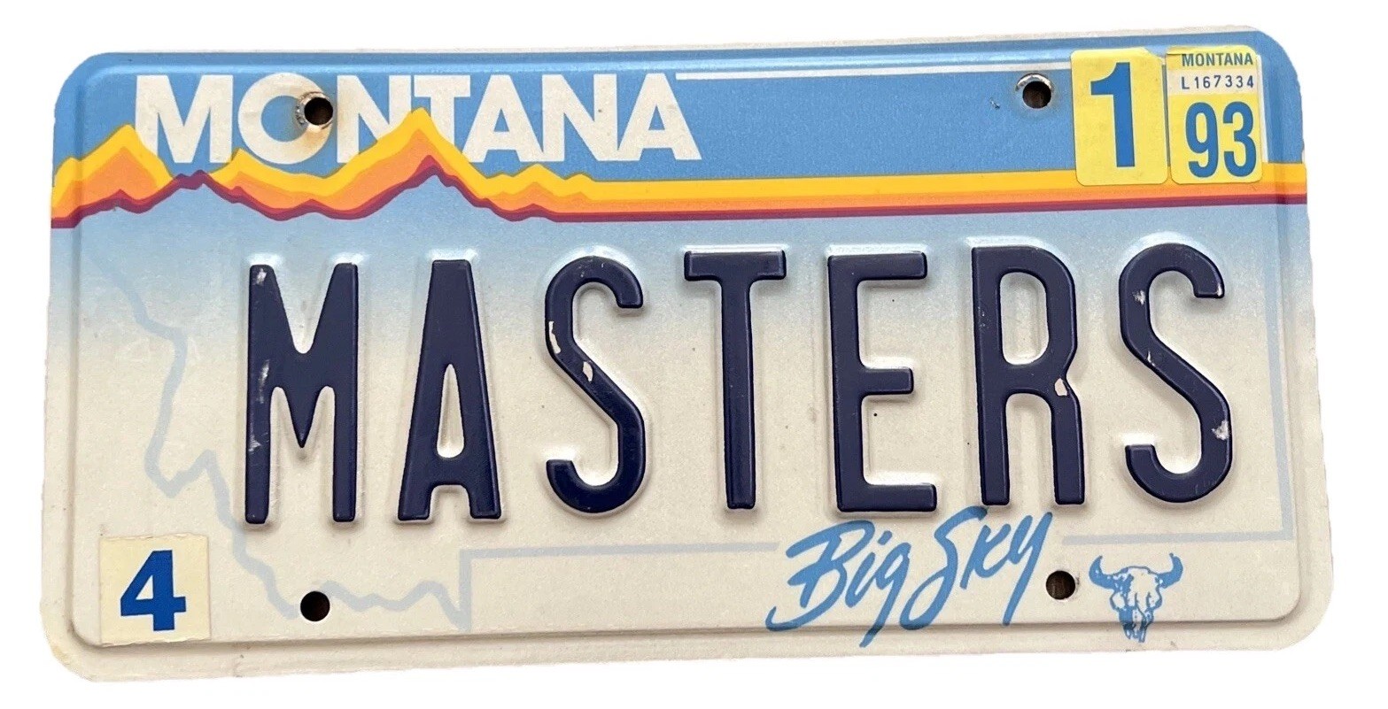 Vintage 1990s Montana Embossed License Plate MASTERS MBA College Grad School PGA