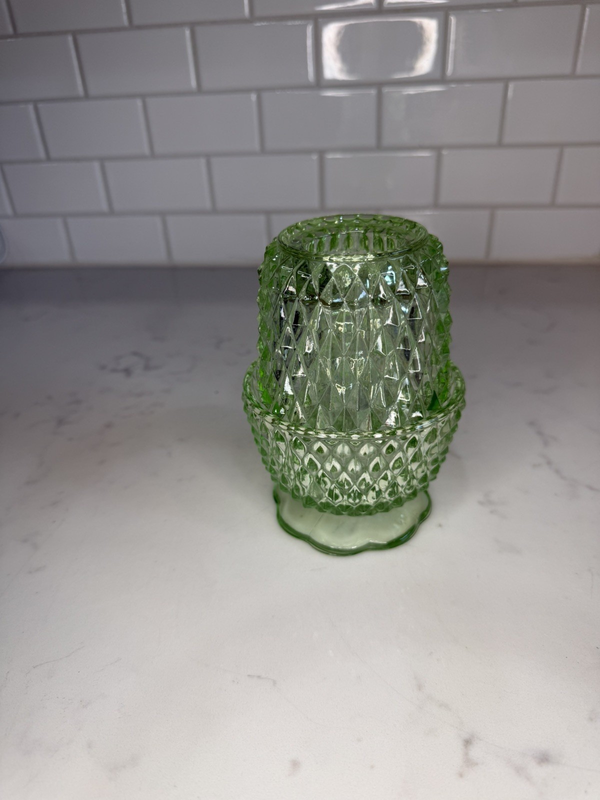Vintage Indiana Glass Diamond Point Mint Green Fairy Lamp Candle Holder EUC Vintage Indiana Glass Diamond Point Mint Green Fairy Lamp Candle Holder EUC