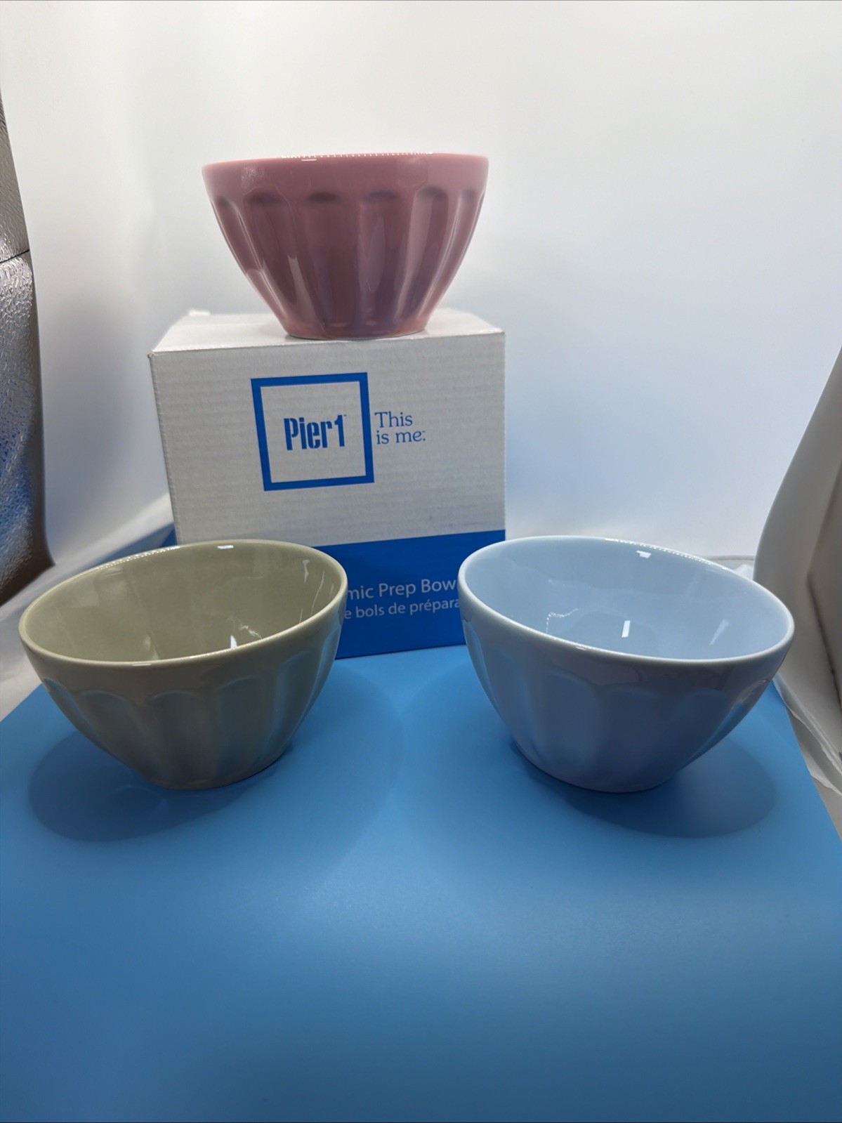 Pier 1 Imports 3 Mini Ceramic Prep Bowls NEW in Box green blue pink