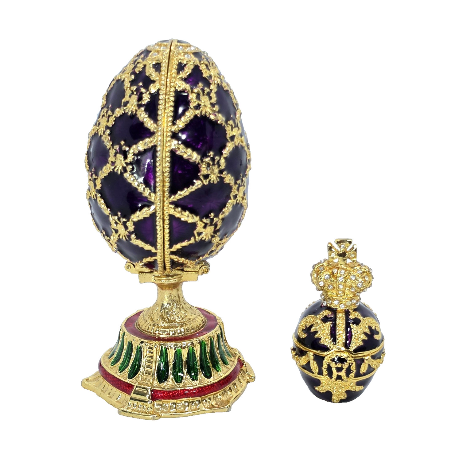 QIFU Purple Enamel Egg Fabergé Style Hinged Trinket Boxes Crown Figurine Gold