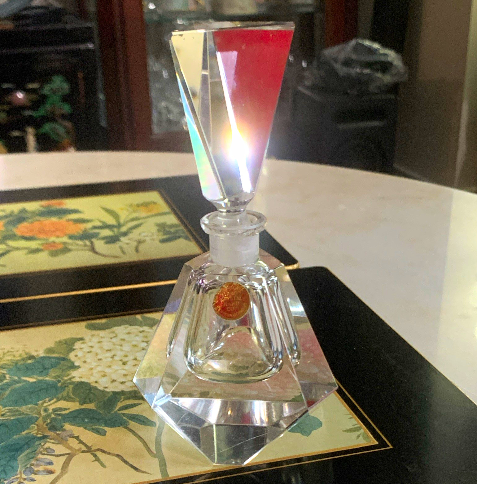 7” Vintage Clear Faceted Glass Perfume Bottle with Prism Tall Faceted Stopper