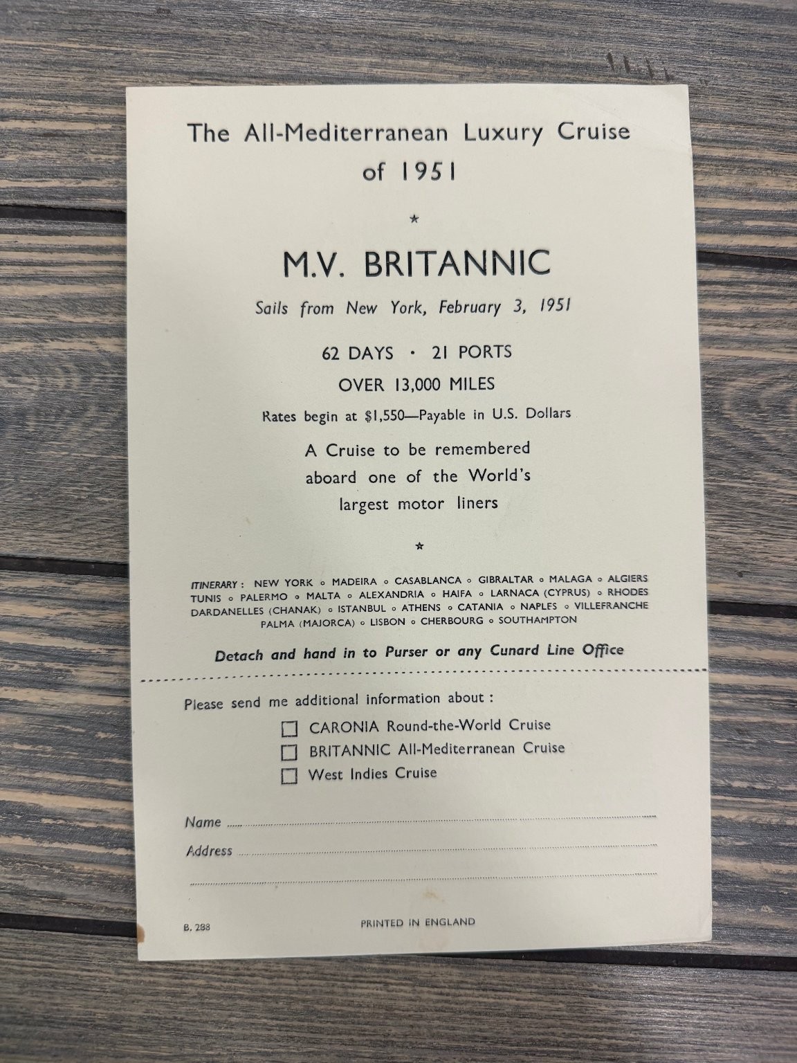 1951 Cunard Line M.V. Britannic Mediterranean & Caronia World Cruise Flyer 1951 Cunard Line M.V. Britannic Mediterranean & Caronia World Cruise Flyer