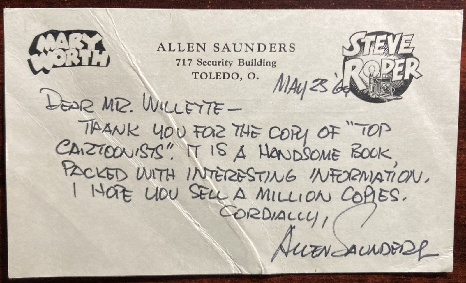ALLEN SAUNDERS-Autographed Note Signed-STEVE ROPER, MARY WORTH writer ALLEN SAUNDERS-Autographed Note Signed-STEVE ROPER, MARY WORTH writer