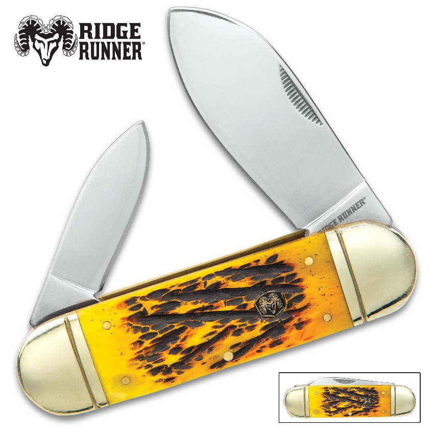RIDGE RUNNER: ELEPHANT TOE YELLOW JIG BURNT BONE 2 BLADE POCKET KNIFE 9 inch NEW