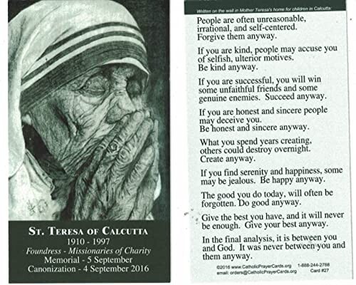 St. Teresa of Calcutta LAMINATED Prayer Card, 5-pack, with Two Free Bonus cards St. Teresa of Calcutta LAMINATED Prayer Card, 5-pack, with Two Free Bonus cards
