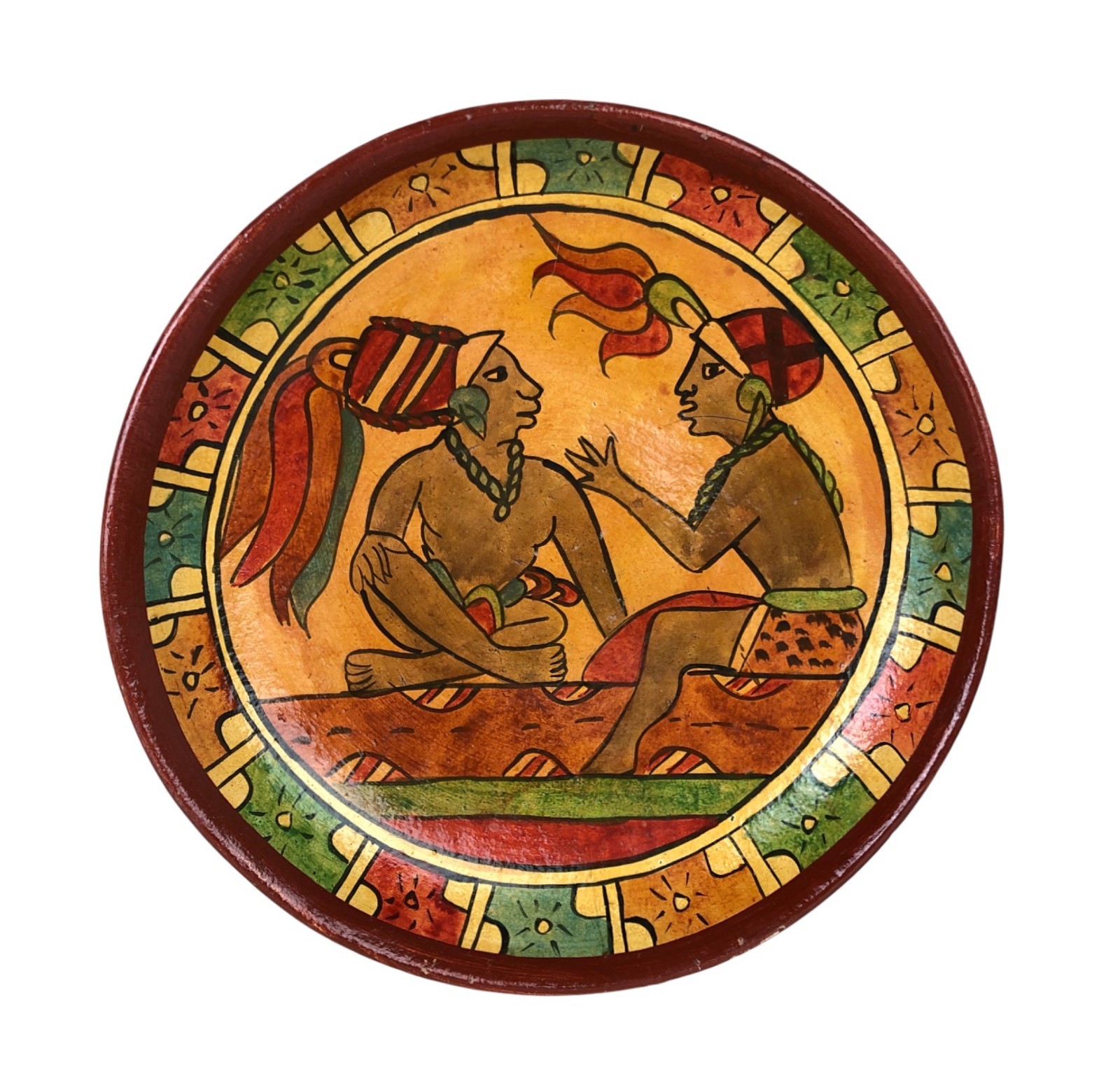Mexican Terracotta Hand Painted Plate Bowl Seated Mayan Figures 10\