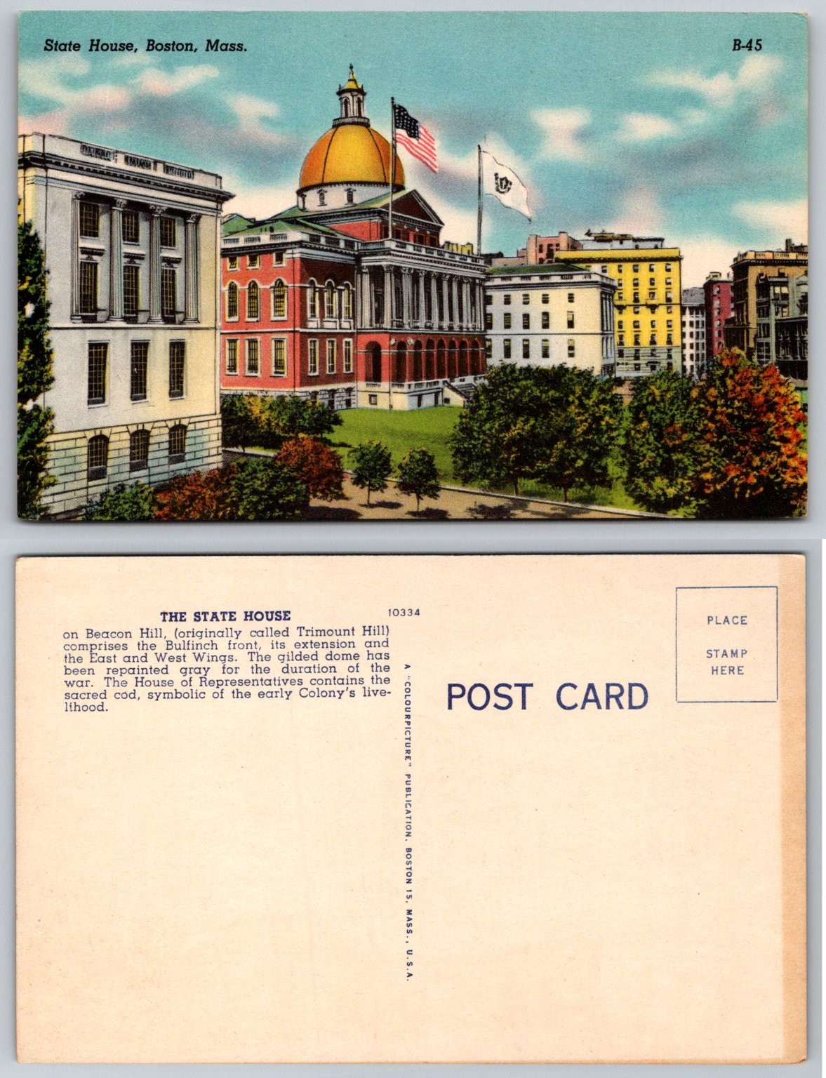 Vintage Boston MA State House Postcard Linen WWII Era Colourpicture Vintage Boston MA State House Postcard Linen WWII Era Colourpicture