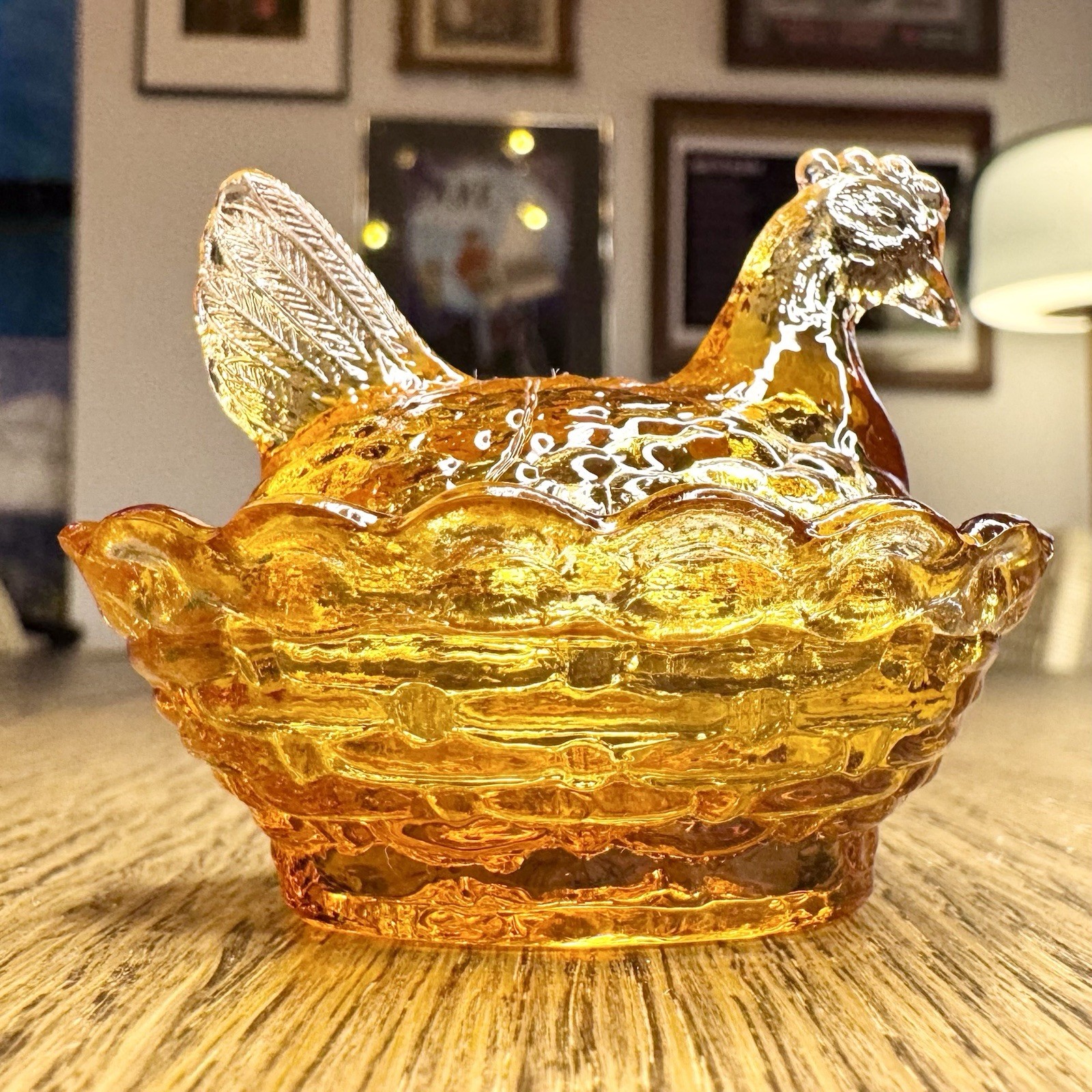 Vintage Degenhart Amber Glass Mini Hen on Nest 2” Miniature Trinket