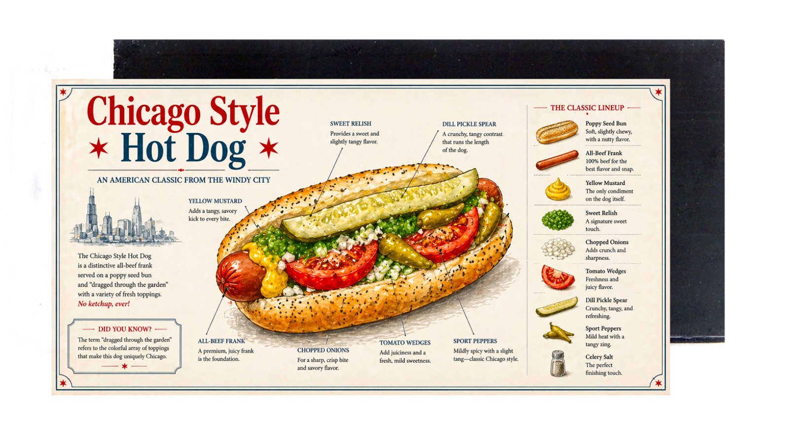 Chicago Style Hot Dog FRIDGE MAGNET (2 x 4 inches, wood) Chicago Style Hot Dog FRIDGE MAGNET (2 x 4 inches, wood)