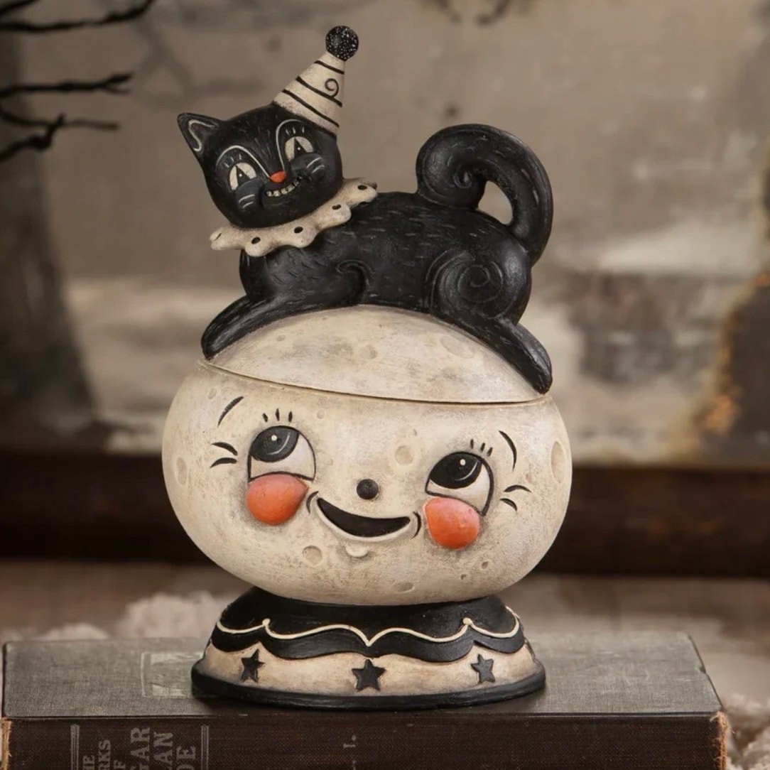 Bethany Lowe Johanna Parker Loony Jack O Luna Black Cat Moon Halloween Jar NEW