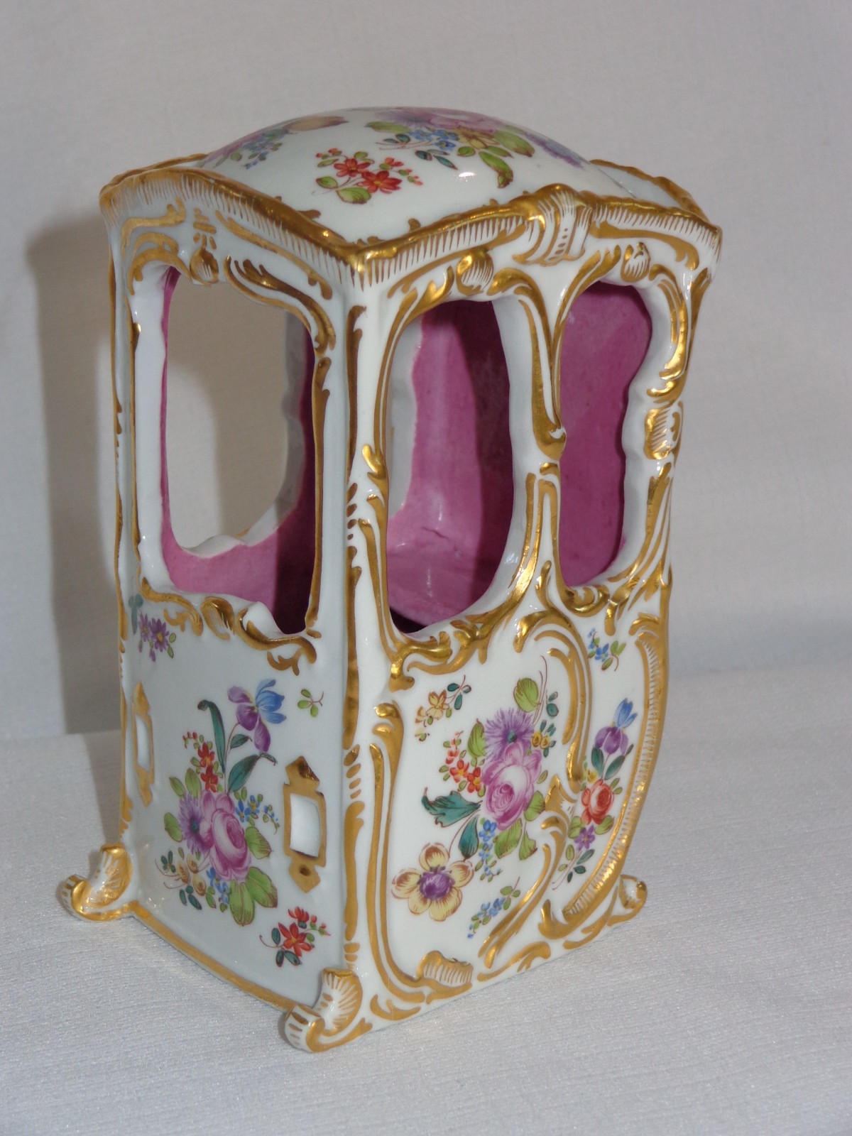 Antique Dresden Flowers Porcelain Hand Painted Sedan Chair w/ Heavy Gold 5 1/4