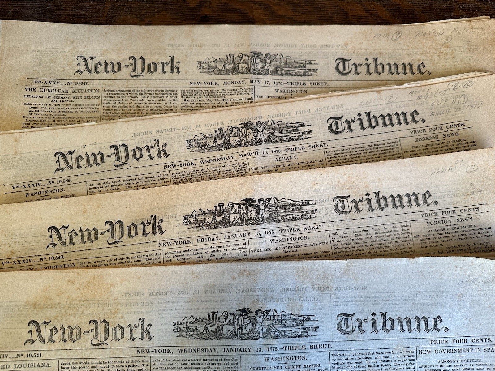 FOUR Vintage 1875 New York Tribune Historic Newspaper's RARE