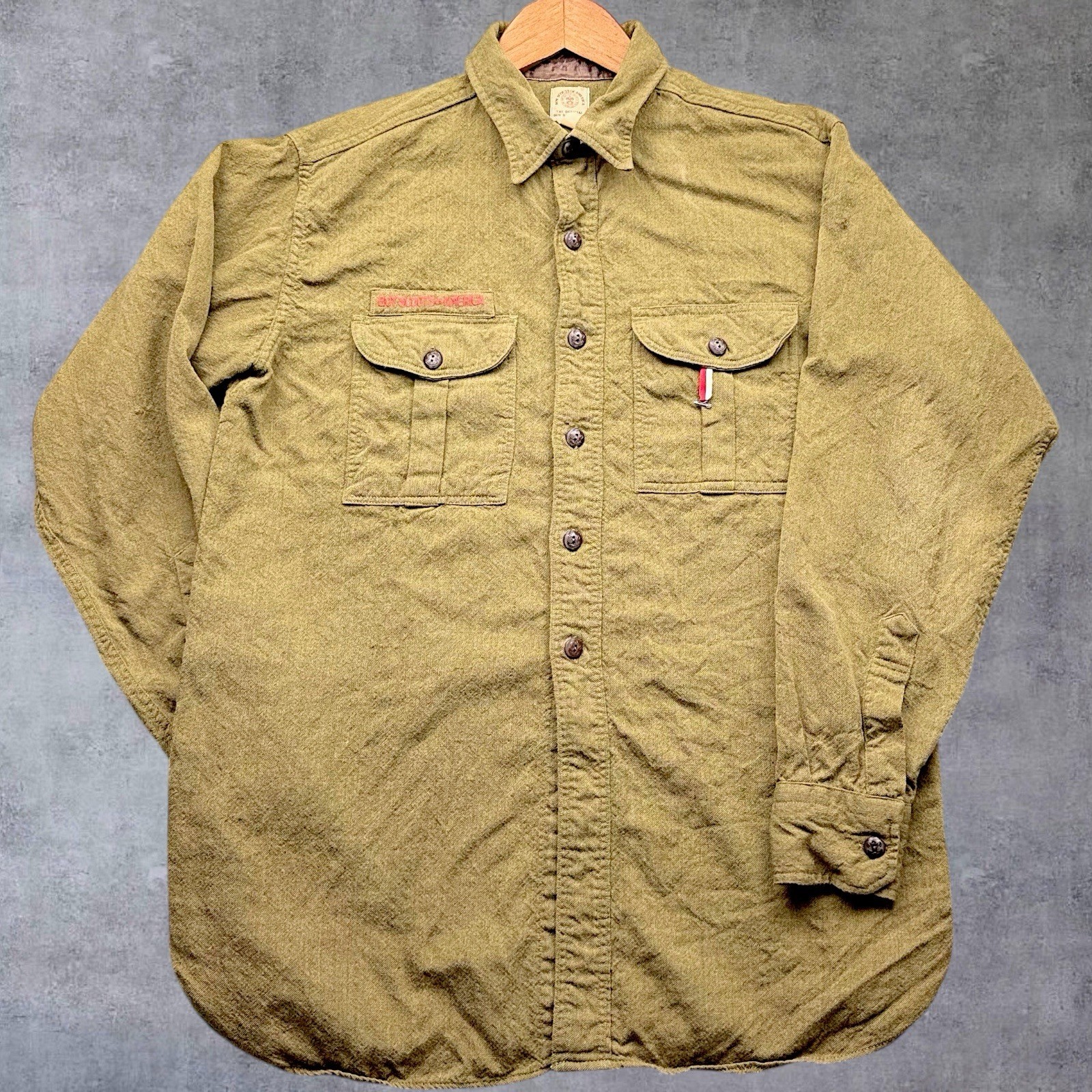 Vintage Boy Scouts Of America BSA Uniform Shirt Mens XL Olive Green 60s 70s