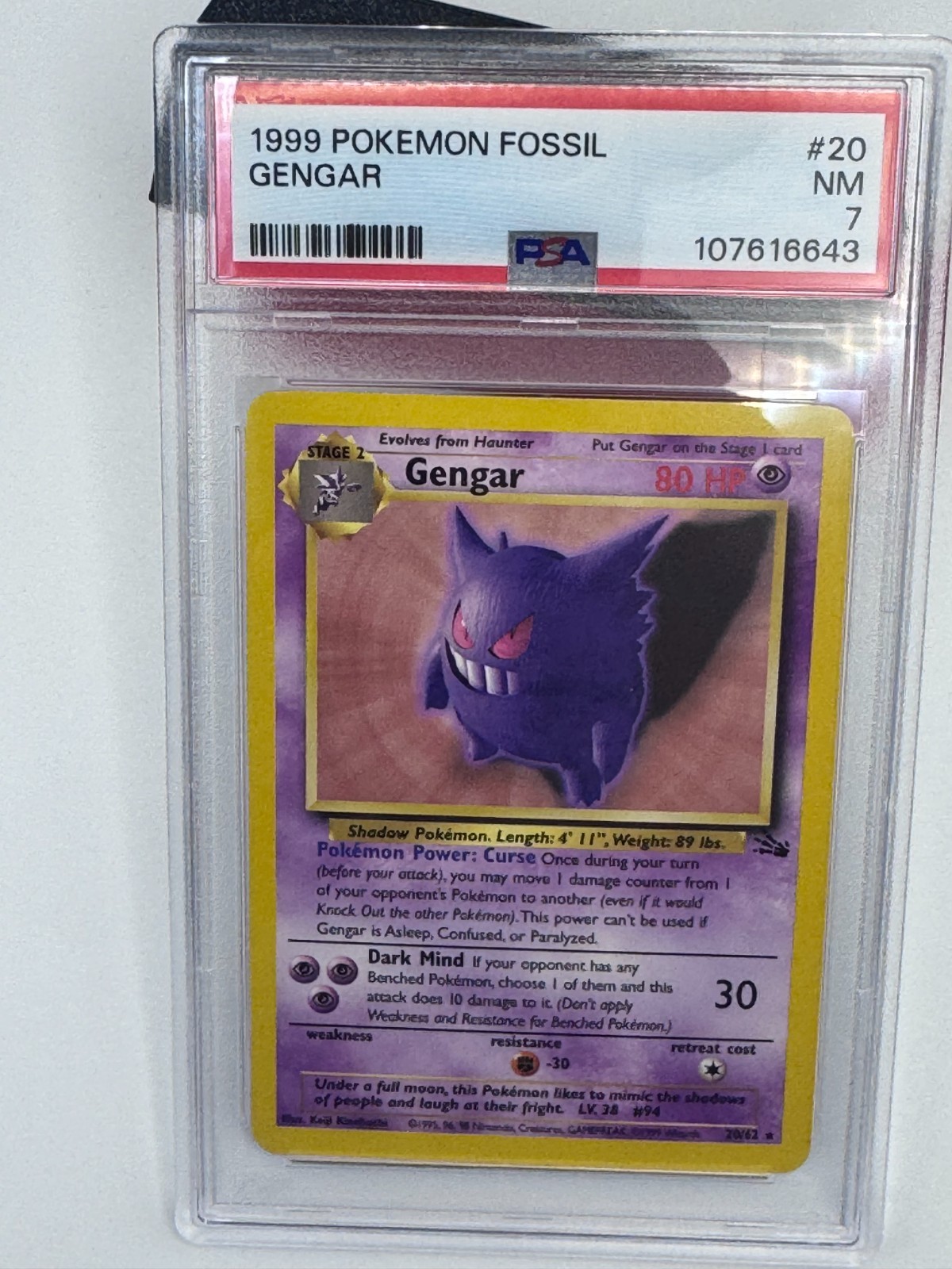 1999 Pokemon Fossil Gengar #20/62 PSA 7 NM Vintage WOTC English