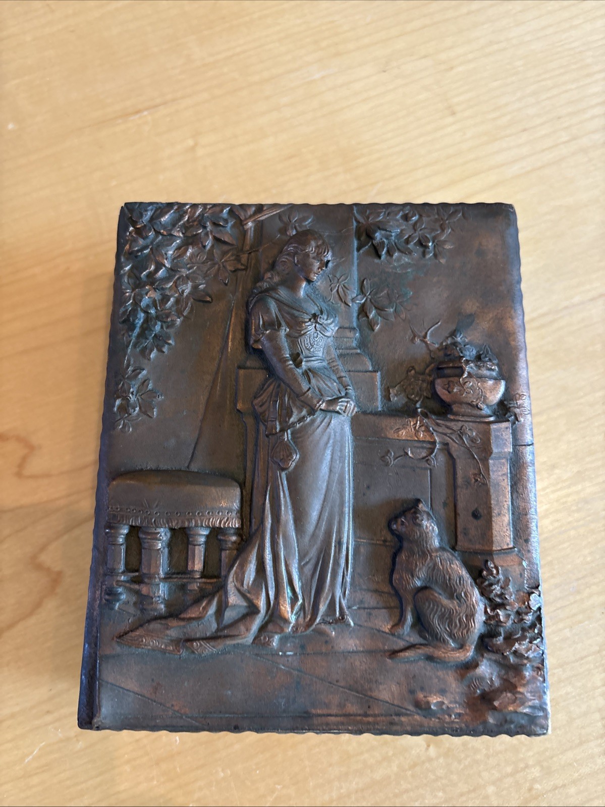 antique Victorian copper faced card box with Lady & Cat.