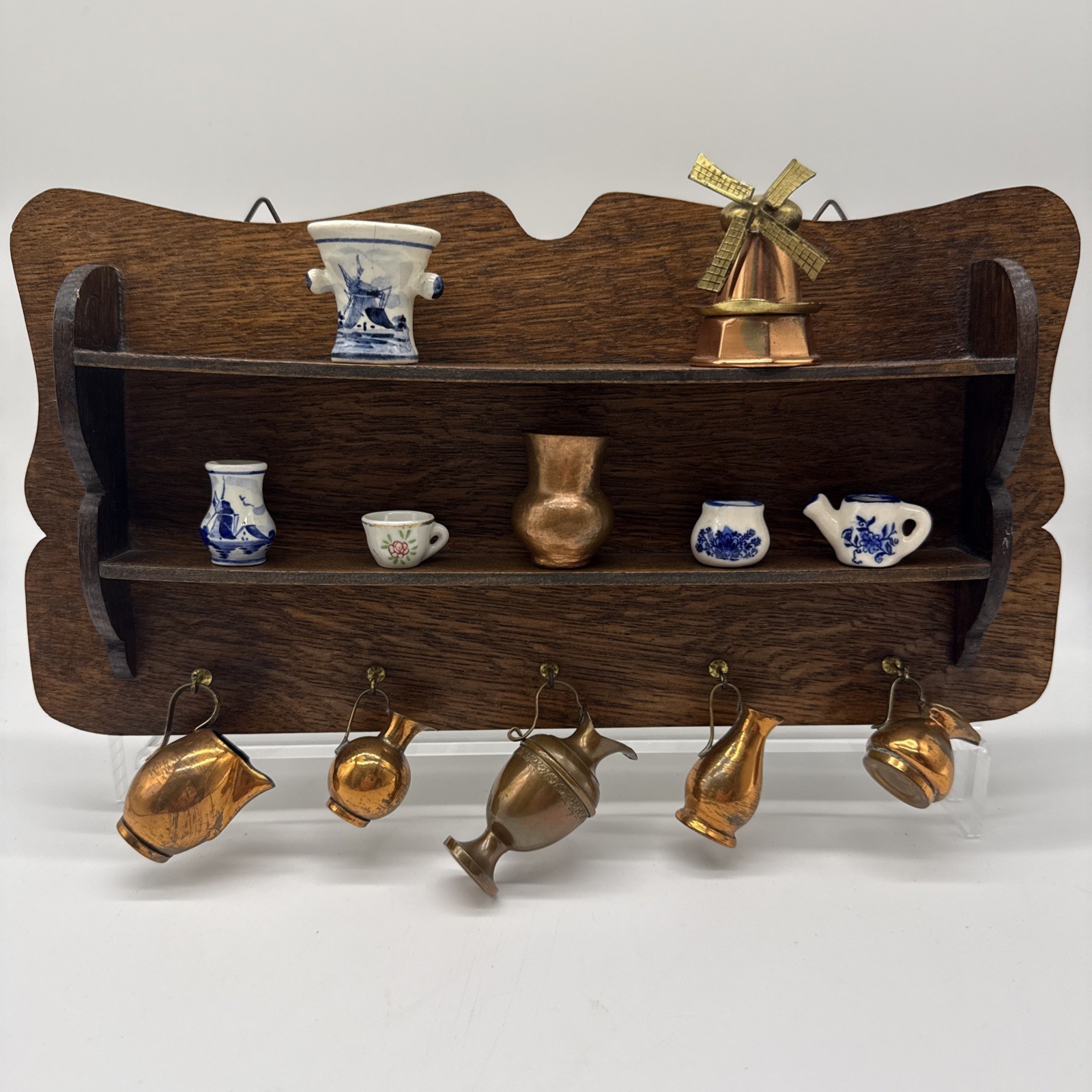 Vintage Wood Trinket Shelf With 12 Miniatures Delft Pottery Brass Copper Decor