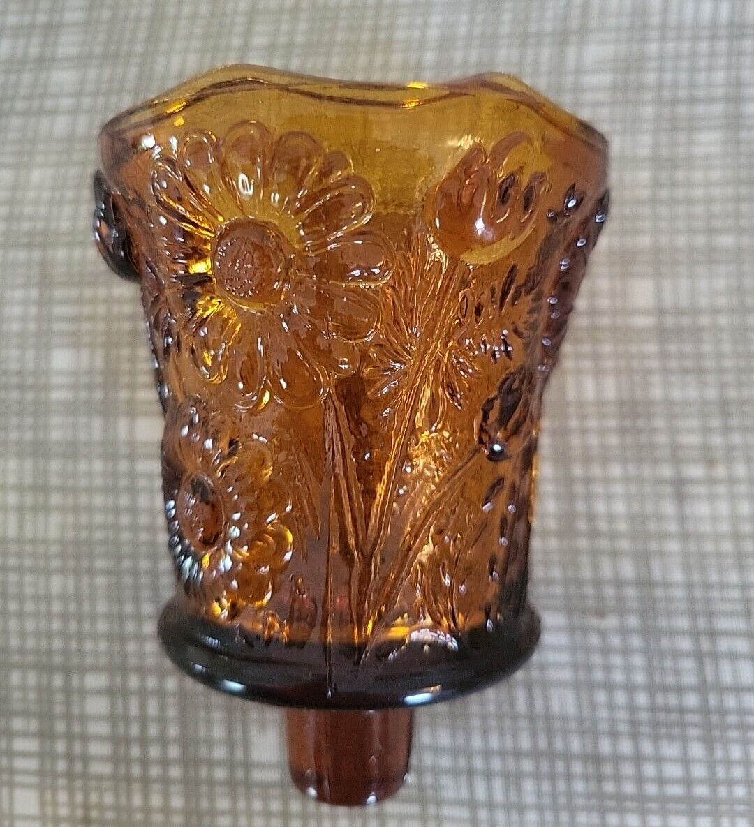 VINTAGE HOMCO AMBER GLASS DAISY / SUNFLOWER VOTIVE CANDLE SCONCE CUP~PEG