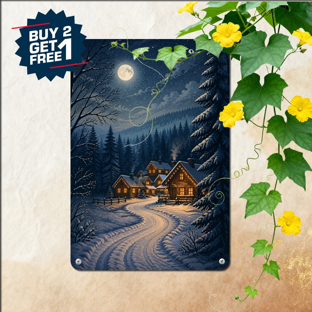 vintage cozy winter cabin metal sign wall art