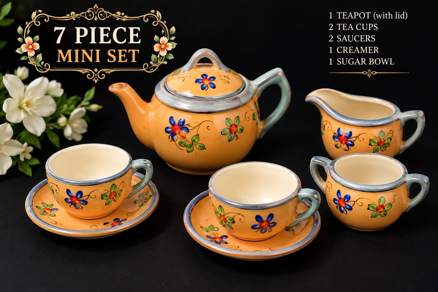 Vintage 7-Piece Mini Tea Set - Hand-Painted Japanese Lusterware Vintage 7-Piece Mini Tea Set - Hand-Painted Japanese Lusterware
