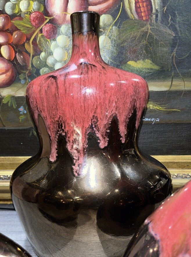 Set 2 Burgundy Red Ceramic Art Bud Vases Decor Pour Over Reactive Metallic