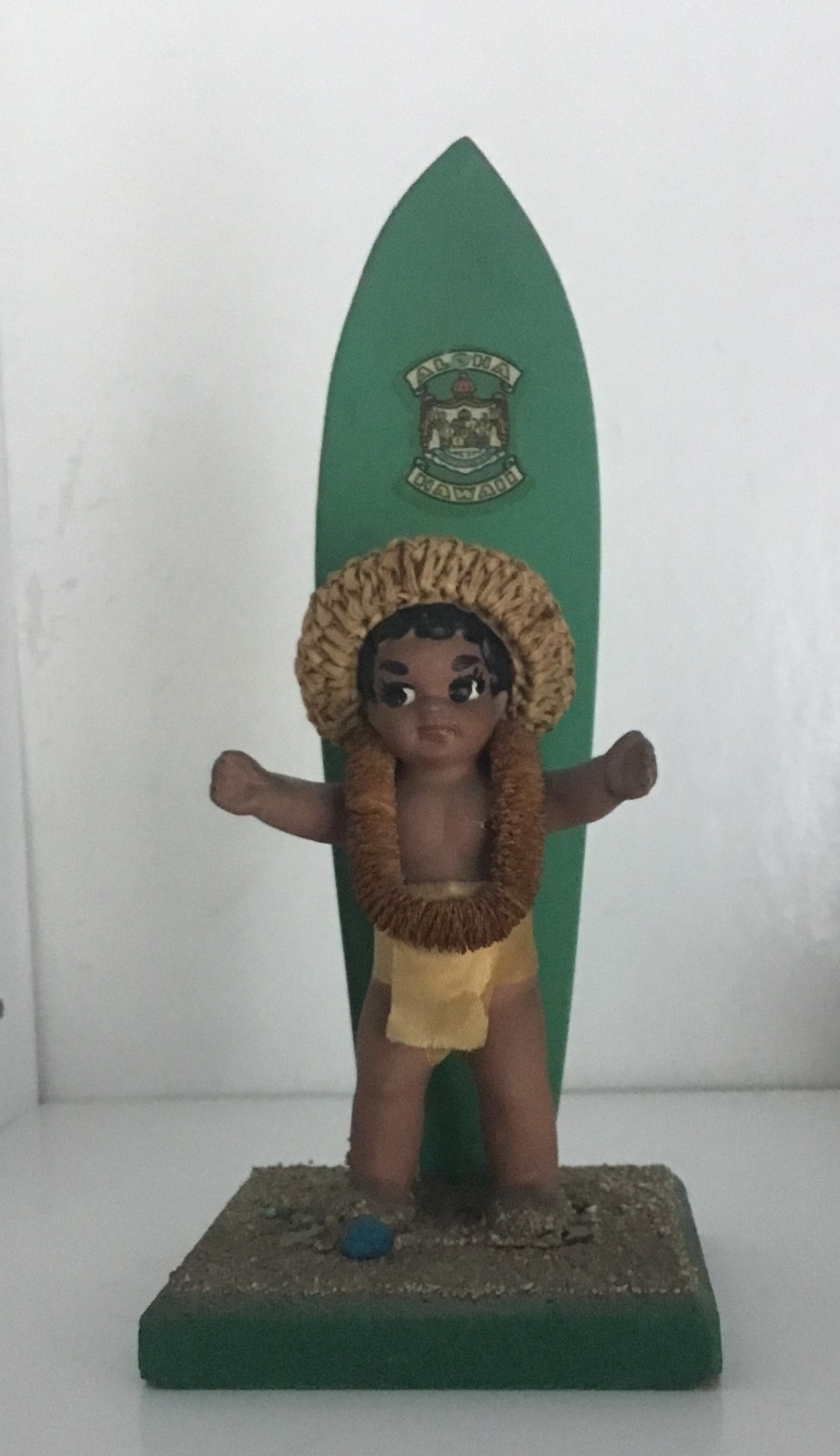 Vintage 50s-60s HAWAIIAN souvenir SURFER BOY statue w/ LEI & SURFBOARD rare