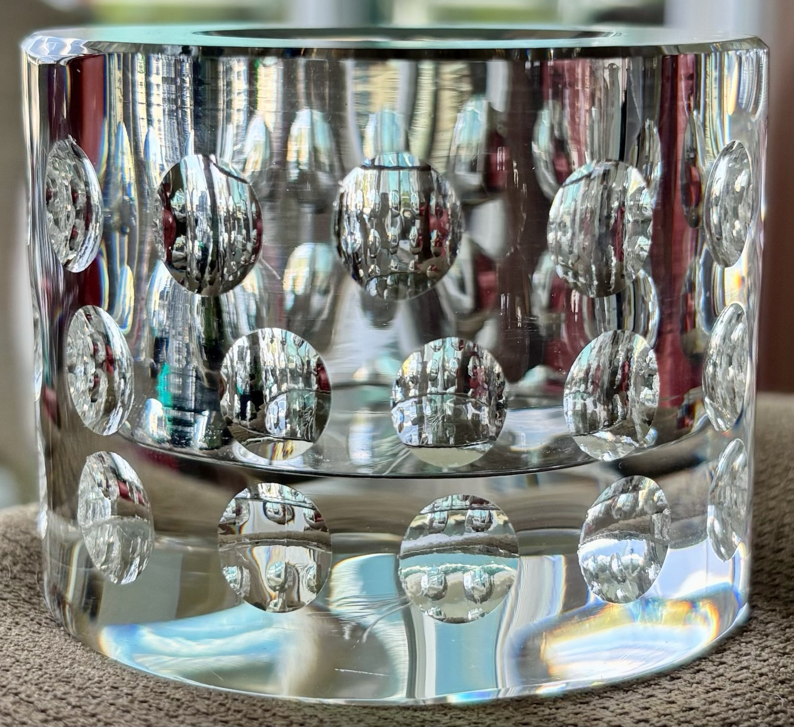 2 Signed Oleg Cassini Crystal Pillar Votive Candle Holders Faceted Dots Dimpled