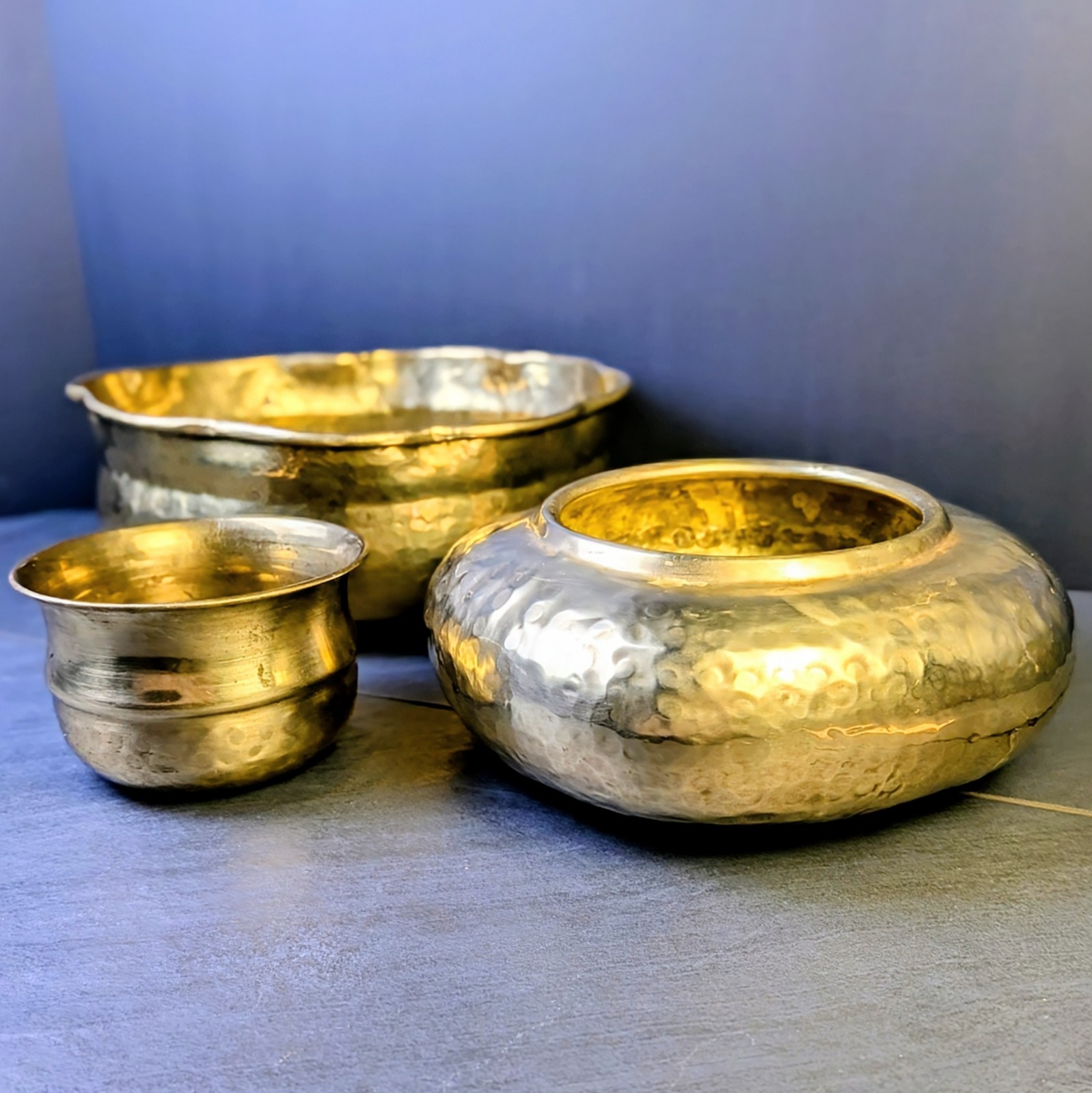Vintage Hammered Brass Bowls Set of 3 Scalloped Planter Boho Regency Decor