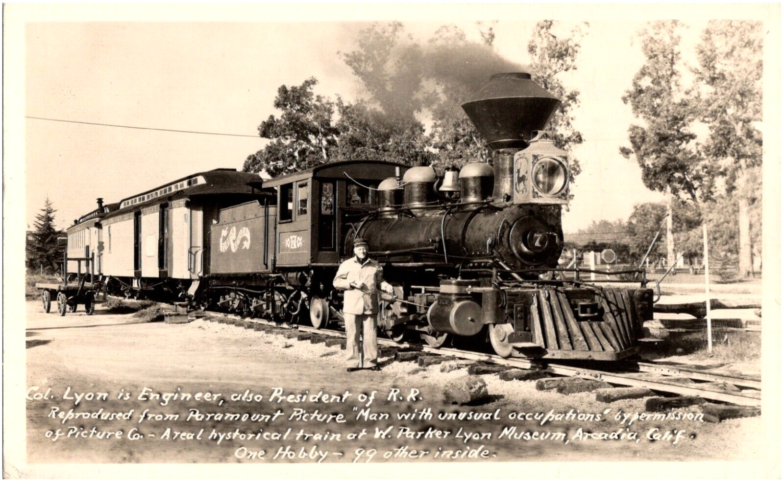 Col. Lyon Train Engineer W. Parker Lyon Museum 1950s RPPC Arcadia California Col. Lyon Train Engineer W. Parker Lyon Museum 1950s RPPC Arcadia California